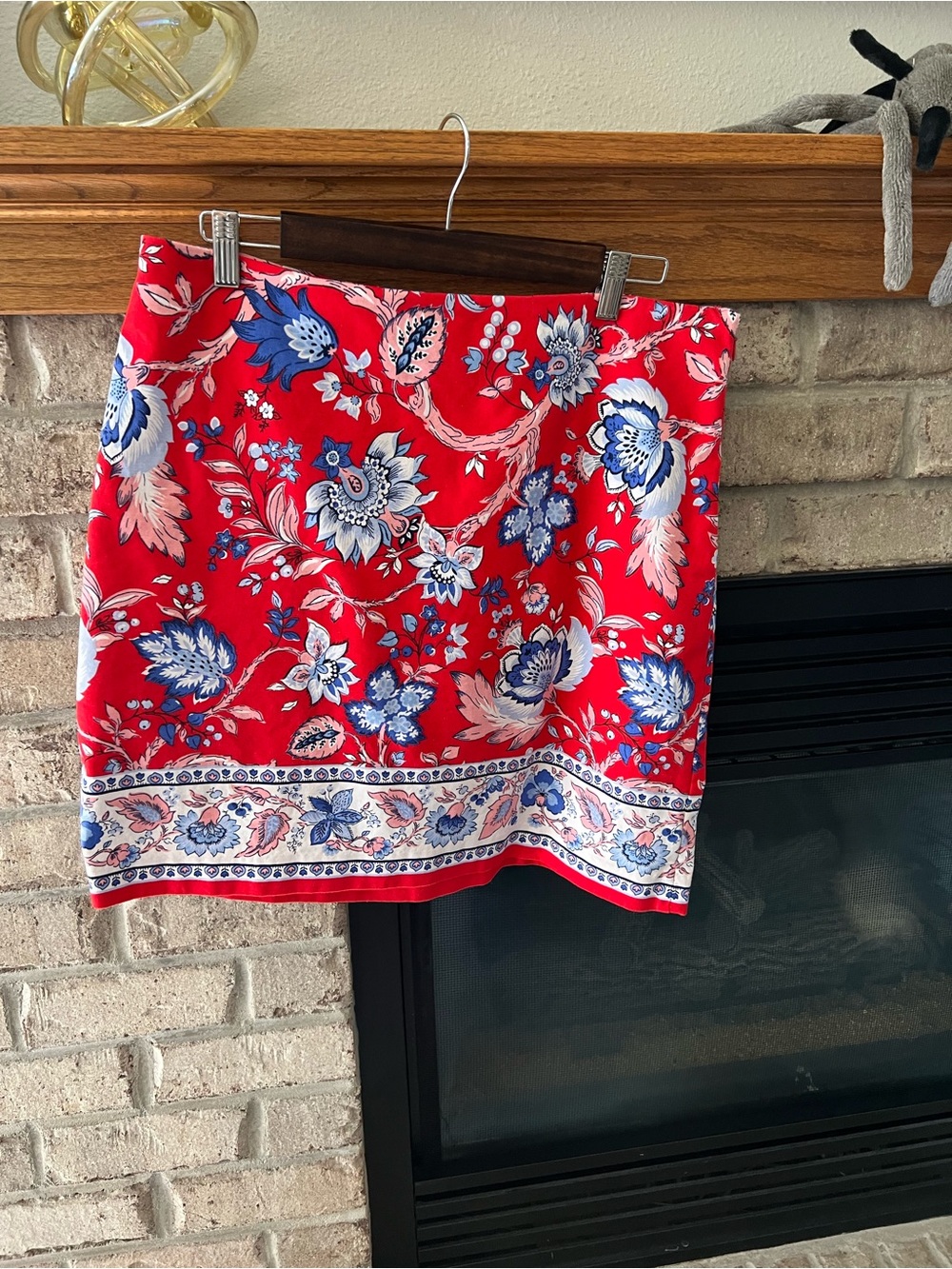 Talbots Red Floral Border Mini Skirt with Blue & White Print